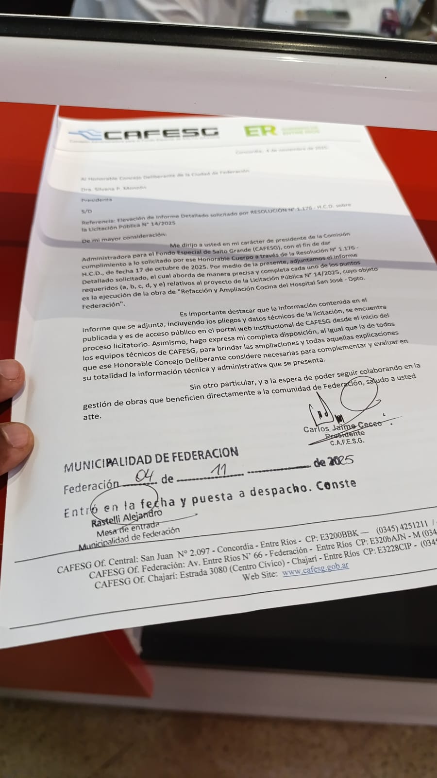 CAFESG presentó al HCD de Federación el Informe detallado sobre Licitación del Hospital San José